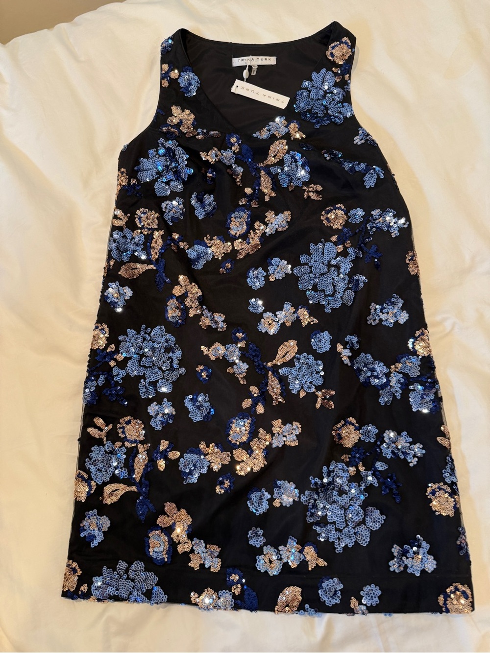 Black Sequin Floral Dress in Blue and Gold